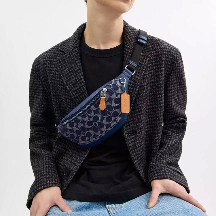 Coach Navy Denim Signature Canvas Belt Bag Fanny Pack With Leather Trim & Silver Hardware For Daily Use & Travel