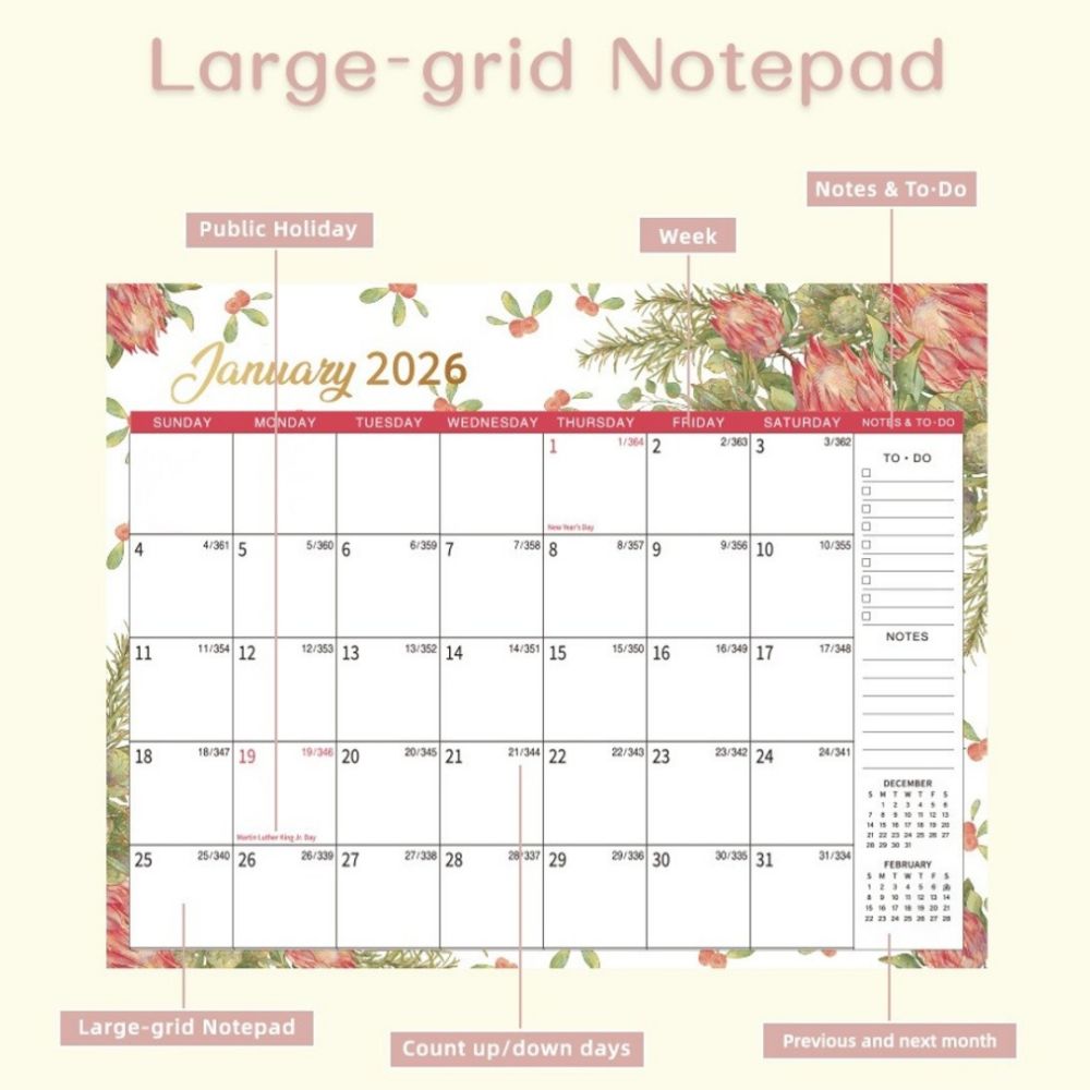New 2026 Jan.- Dec. Wall Calendar Spiral Binding Flower Pattern Hanging Calendar 12-Month Wall Mount Monthly Calendar Office Use