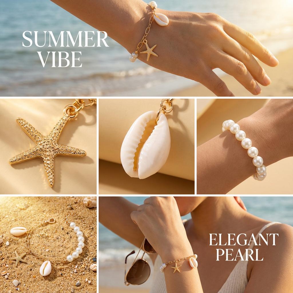 Boho Imitation Pearl Cowrie Shell Bracelet For Women Gold Color Starfish Charm Chain Bangle Summer Beach Vacation Jewelry Gift