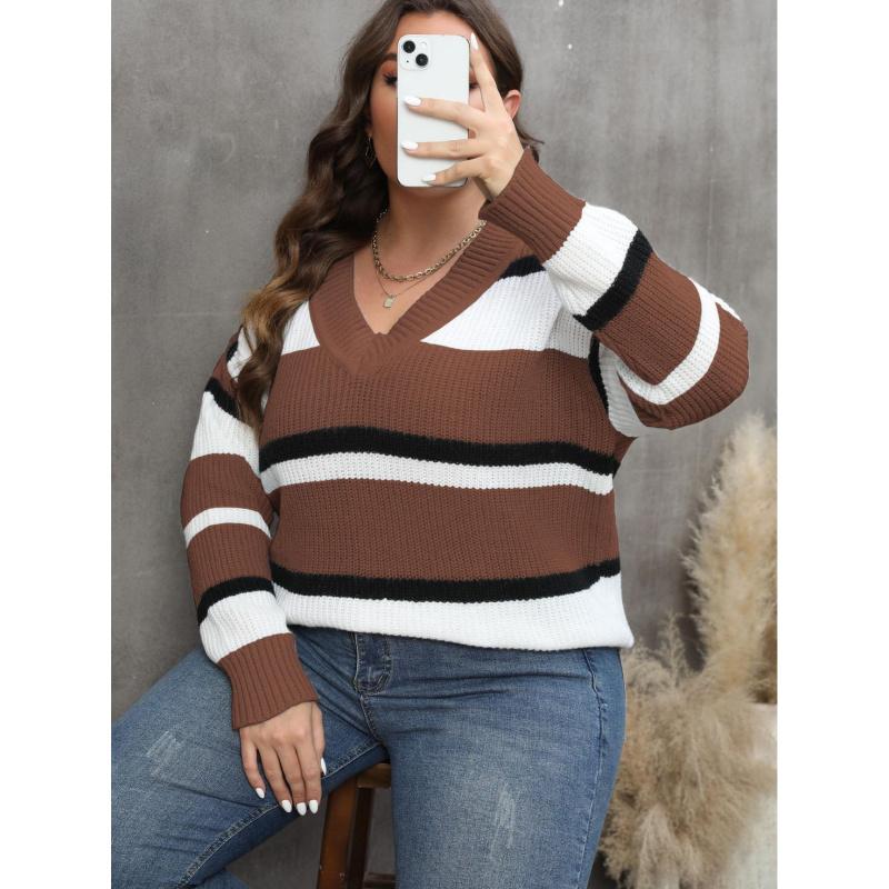 Women's Pullover Sweater Plus Size Women's Fashion European and American Style Autumn Winter New V-neck Color Block Fashion Sweater