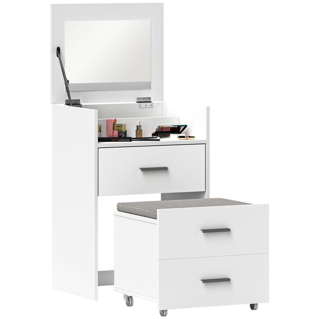 Toeletta da Trucco in Legno con Specchio Ribaltabile, 2 Cassetti e Sgabello, 50x40x113,5 cm, Bianco