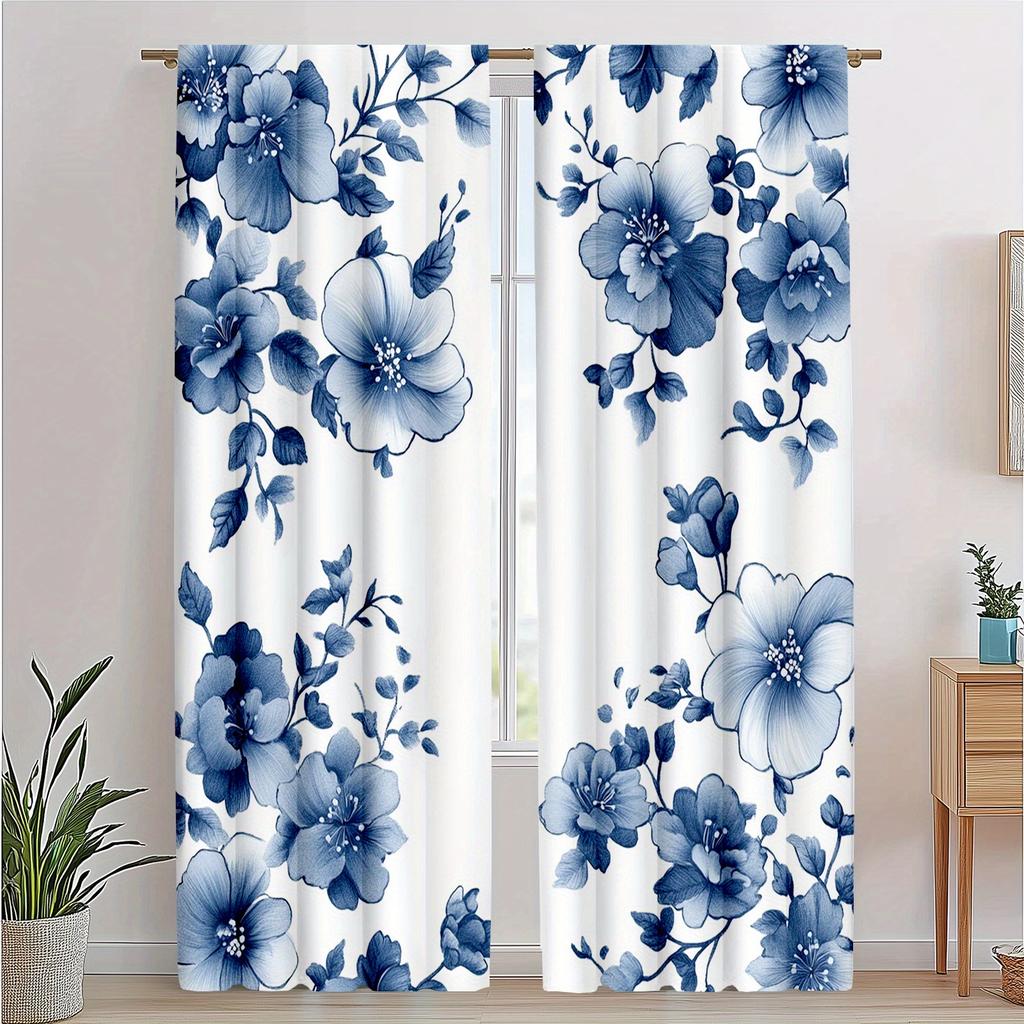 Set med 2 Blå Blommig Akvarellgardiner Draperier Sovrum Vardagsrum Mörkläggande Tillverkad Polyester Fönsterbehandling