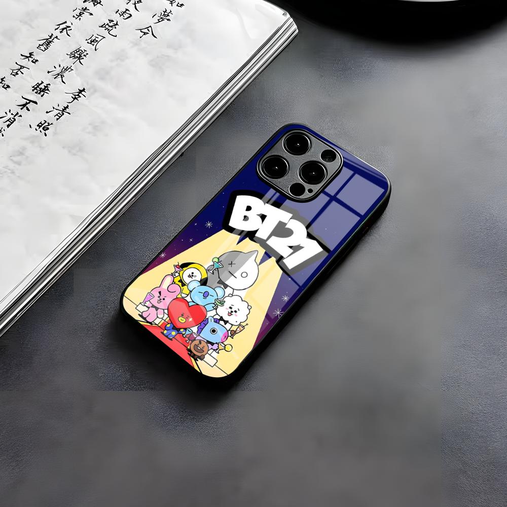 Cute Cartoon B-BT21s Phone Case For IPhone 17 Air 16 E Pro Max 15 14 13 Mini 12 Pro 11 Max Plus Black Glass Cover