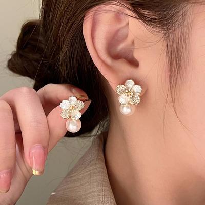 1Pair Sweet Flower Enamel Pearl Pendant Earrings For Women Girls  Jewelry Accessories Personalized Versatile Earrings