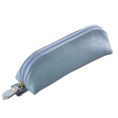 Classic Triangular Design for Easy Desktop Wide Opening for Easy Genuine Cowhide Leather Triangular Pen Blue Gray Use. One-handed Access. "Soft Case"