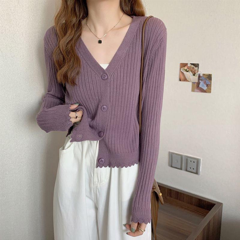 Womens V-Neck Ribbed Knit Cardigan Long Sleeve Slim Fit Outerwear Top Casual Korean Style