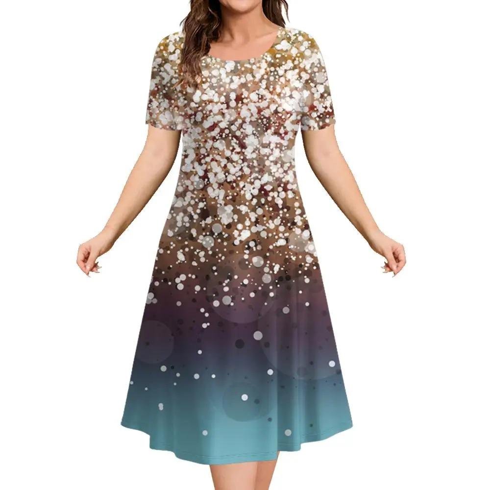 Fashionable and elegant women's dress short sleeved O-neck casual vacation party dress 3D printed A-line dress