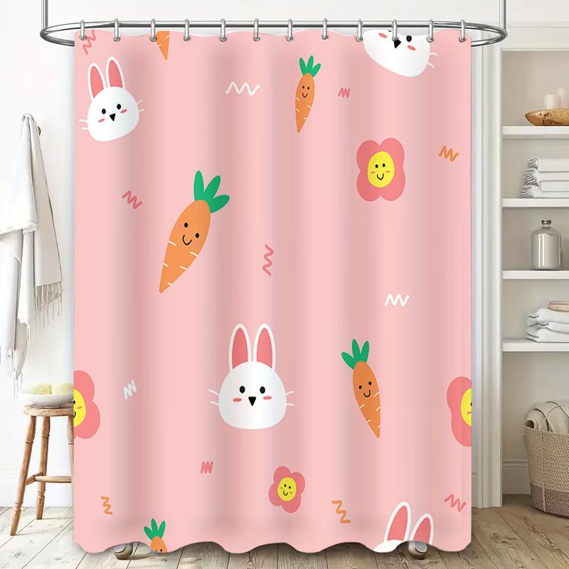 Cute Cartoon Print Shower Curtain Set Pink Rabbit Carrot Flower Bath Decor Home Accessories for Bathroom Tubs or Bathtubs (69x72