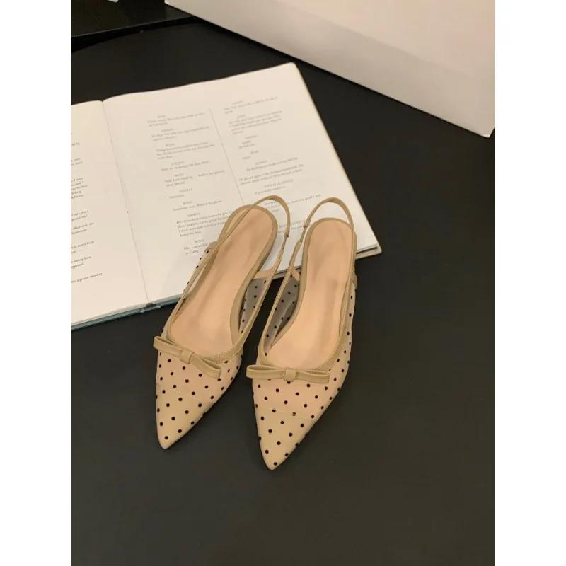 Women's 2026  Polka Dot Chunky Heel Graceful Pointed Toe Shallow Mouth Slimming Baotou Bow Shoes Women