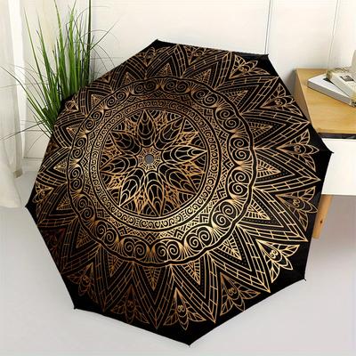 Golden Mandala Pattern Circular Umbrella, Portable 3 Fold Compact Umbrella for Men & Women,S185