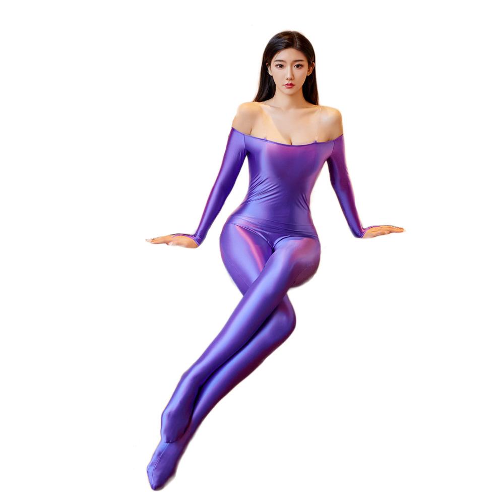 Sexy Women Elastic Bodysuits Oil Glossy Shiny See Through Yoga Shaping Leotard Maid Tight Off Shoulder Jumpsuit Candy Color