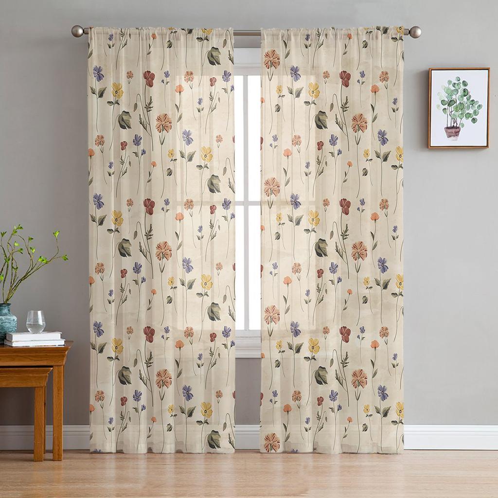 Retro Floral Wildflowers Sheer Curtains for Living Room Decoration Window Curtains for Kitchen Tulle Voile Organza Curtains
