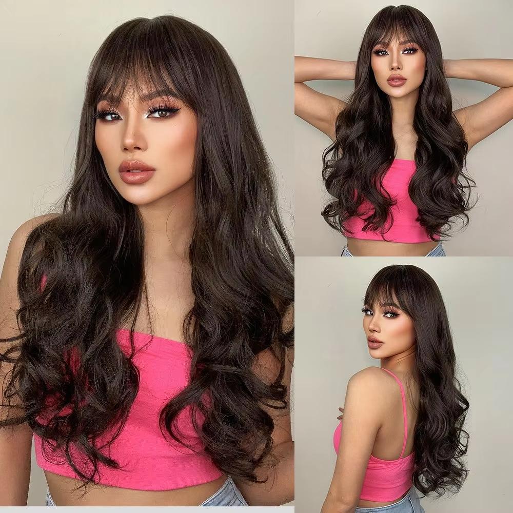 Black Synthetic Wig with Middle-Parted Long Hair and Big Waves for Party or Daily Use. High-Temperature Synthetic Hair Cap.