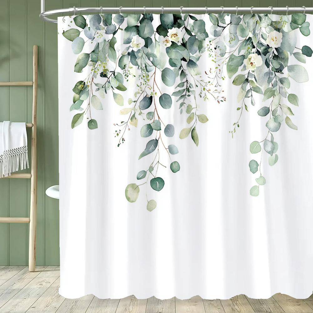Green Leaf Shower Curtain, Plants and Eucalyptus Leaves Bathroom Decor, Waterproof Polyester Shower Curtain, Home Decor Curtain 90x180cm-35x70in