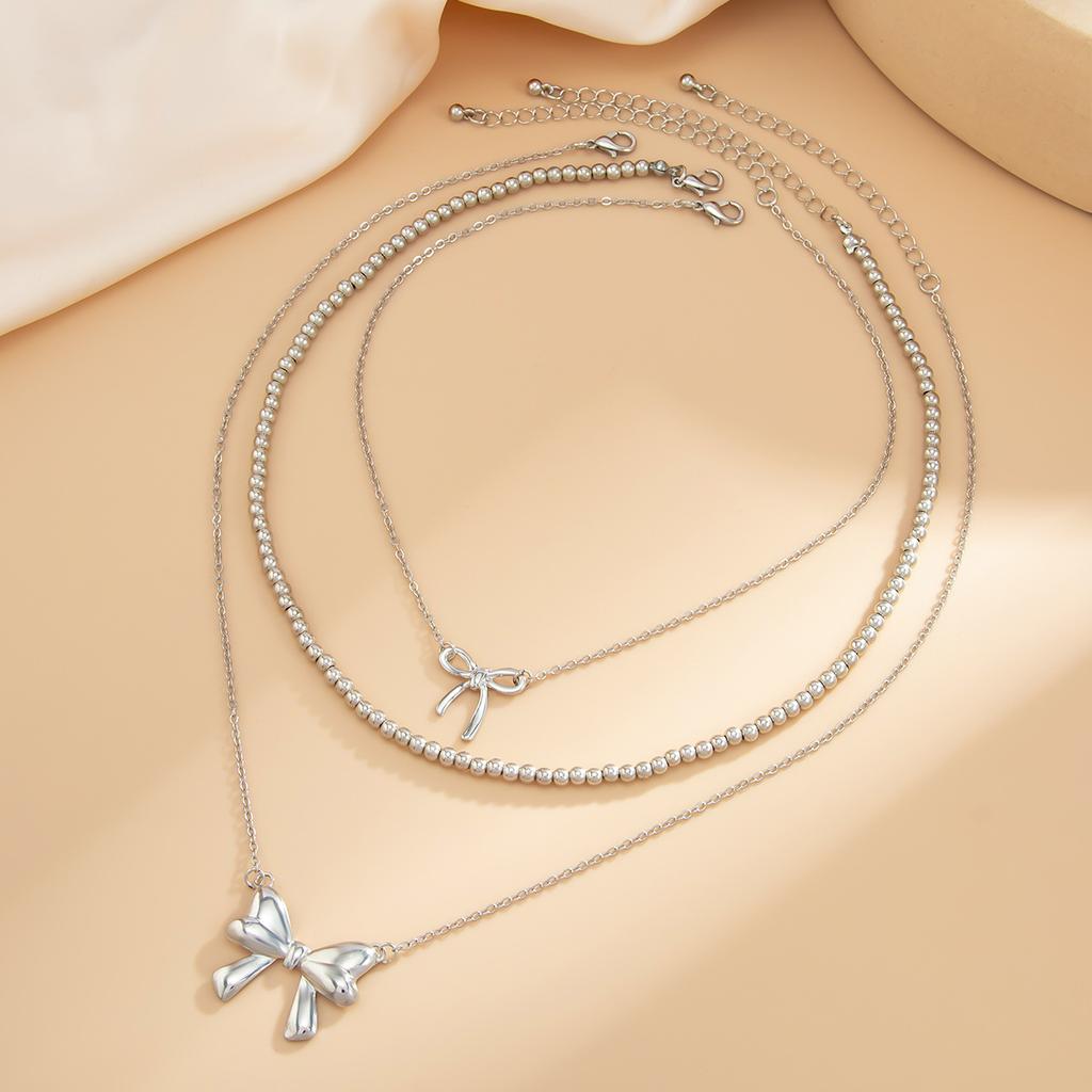 3Pcs/Set Imitation Pearl Sweet Romantic Necklace Bowknot Pendant for Women Chain Bridal Jewelry Gift