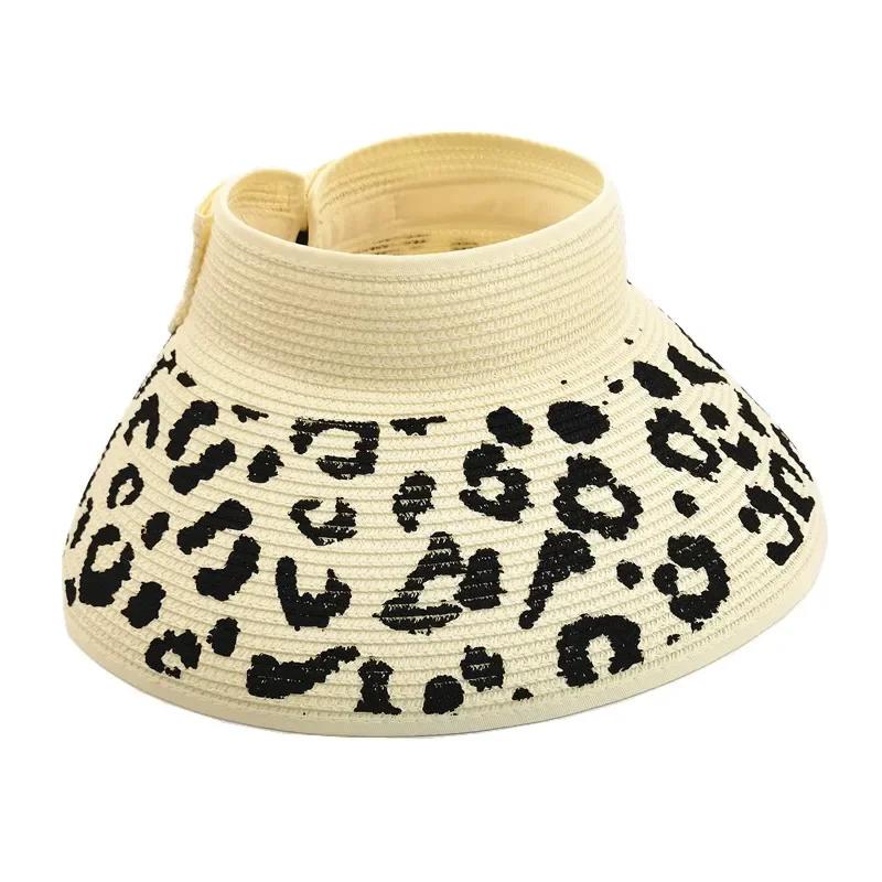 Women Leopard Print Sun Hat Summer Trendy Chic Bow Foldable Wide Brim Straw Cap For Beach Holiday