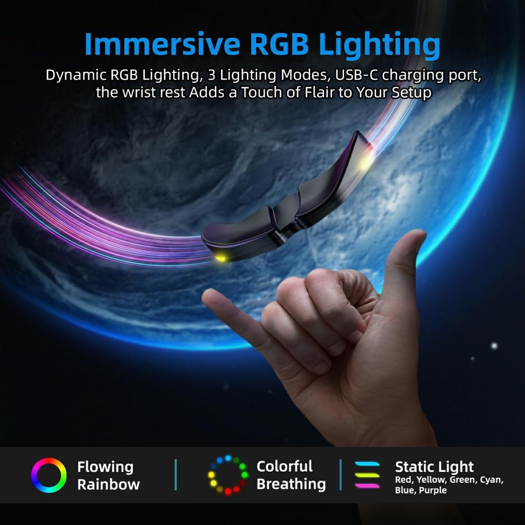 HornsX1 Right-Handed RGB Ergonomic Gliding Palm Rest for Mouse, Wrist Rest Pad, 3 RGB Lighting Modes, Reduce Wrist Pain, Anti-Fatigue, for