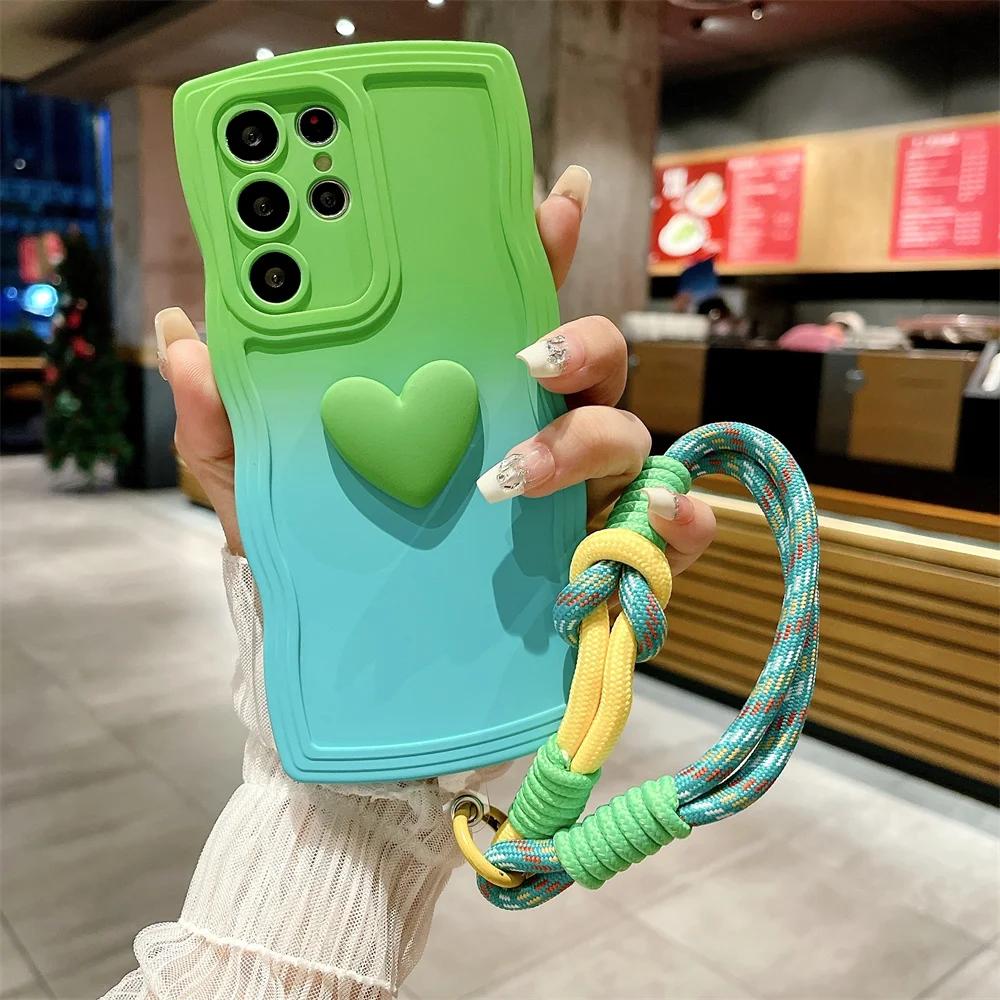 

Чохол Cute Love Heart Wrist Strap Case для Samsung Galaxy S23 S24 Ultra S22 S21 Plus S20 FE A54 A34 A53 A52 A14 Шнурок Gradient Cover S20FE