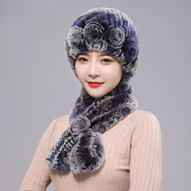 New Rex Rabbit Hair Hat Women's Winter Outdoor Scarf Set Warm Ear Protection Middle-aged and Elderly Fur Fashion