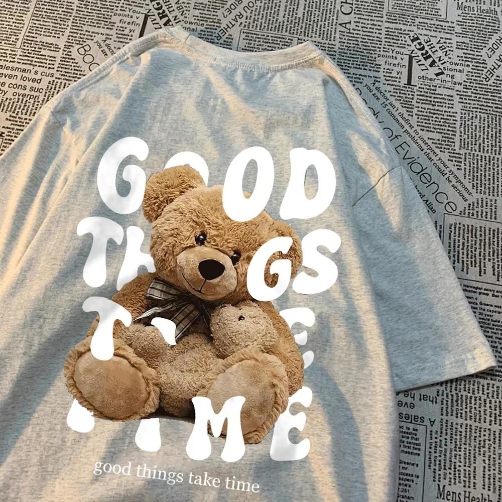 Good Things Take Time Teddy Bear Momtshirts O-Neck Kawaii Clothes Fashion Casual Wear Tops Loose Cotton Streetwear Summer Tshirt
