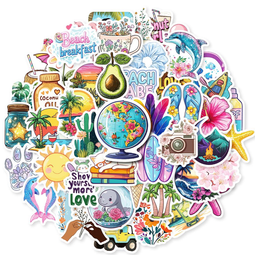 50 Beach Style Series Pp Waterproof Decorative Stickers Children'S Rewards Stickers Toys Diy Diary Handbook