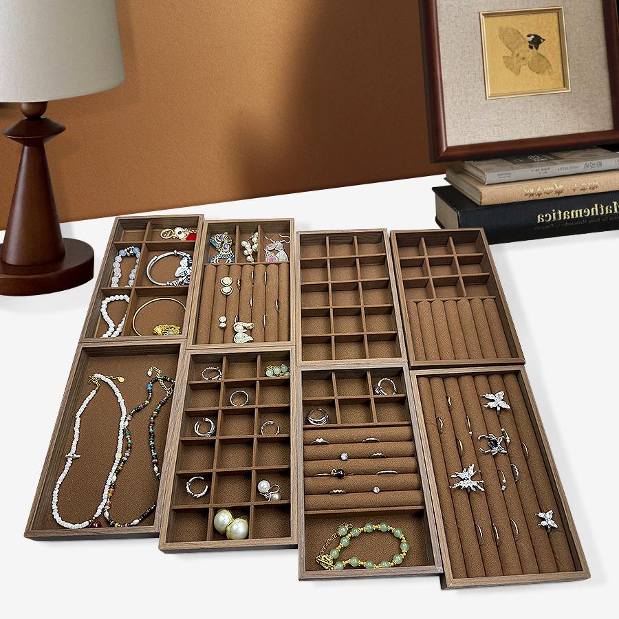 1 Pc, Walnut Wood Pattern Jewelry Box, Jewelry Tray, Suitable for Storing Necklaces, Rings, Earrings, and Ear Studs, Color: Coffee