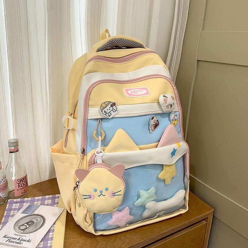 Color Fashion Blocked Cat Ear Design Student Backpack With Pendant And Badge