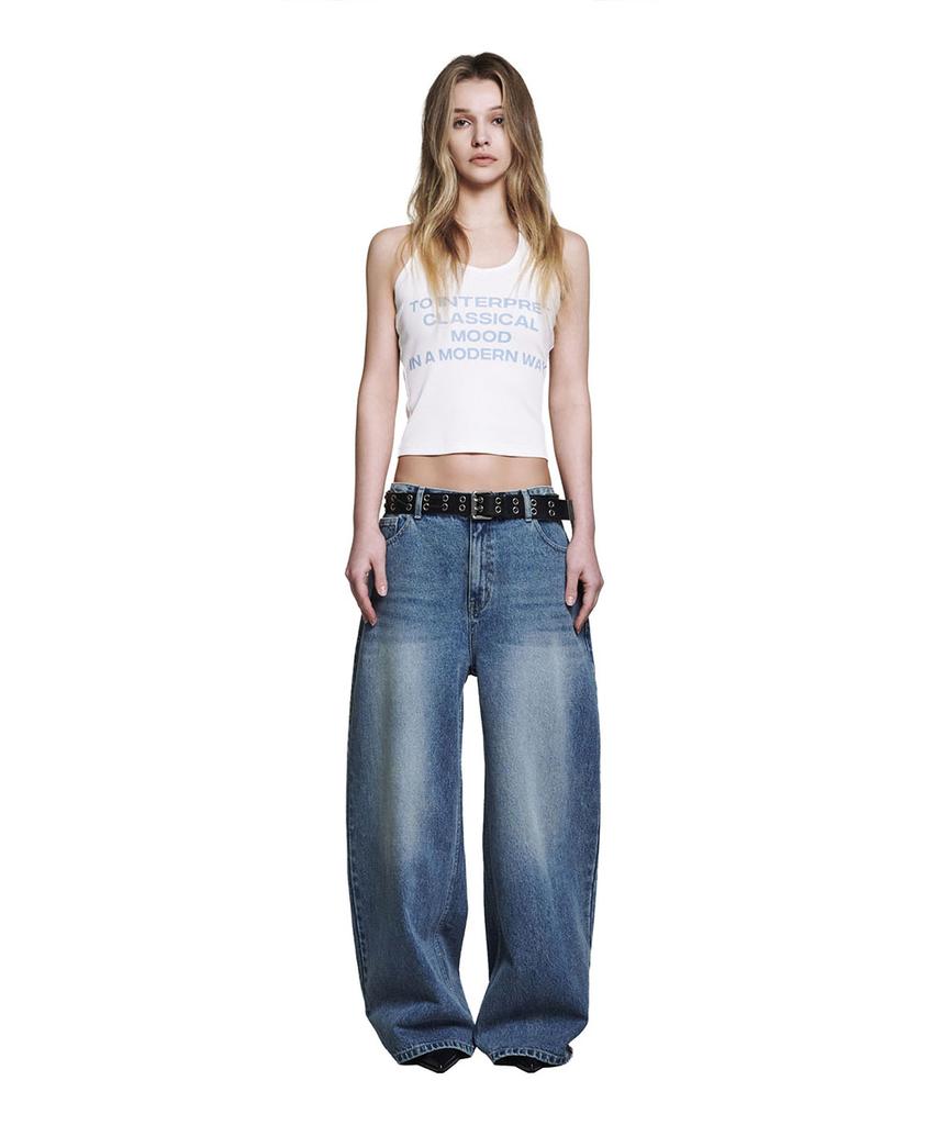 Lotaib Stud Line Wide Denim Pants - Mid Blue