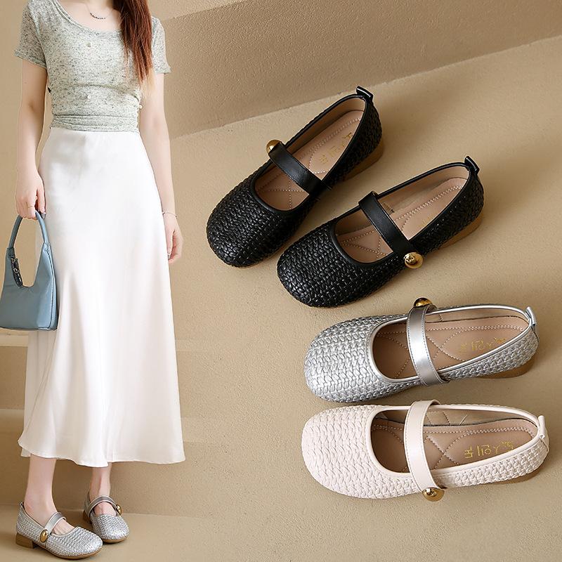 French flat-bottomed shallow-mouth single shoes for women's new autumn matching skirts, one-word belt woven Mary Jane shoes for women