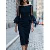 Abito midi aderente da donna 2026, trasparente, off-shoulder, a doppio strato, con maniche a campana e dettaglio a balze