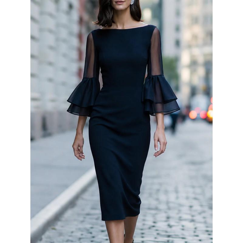 Abito midi aderente da donna 2026, trasparente, off-shoulder, a doppio strato, con maniche a campana e dettaglio a balze