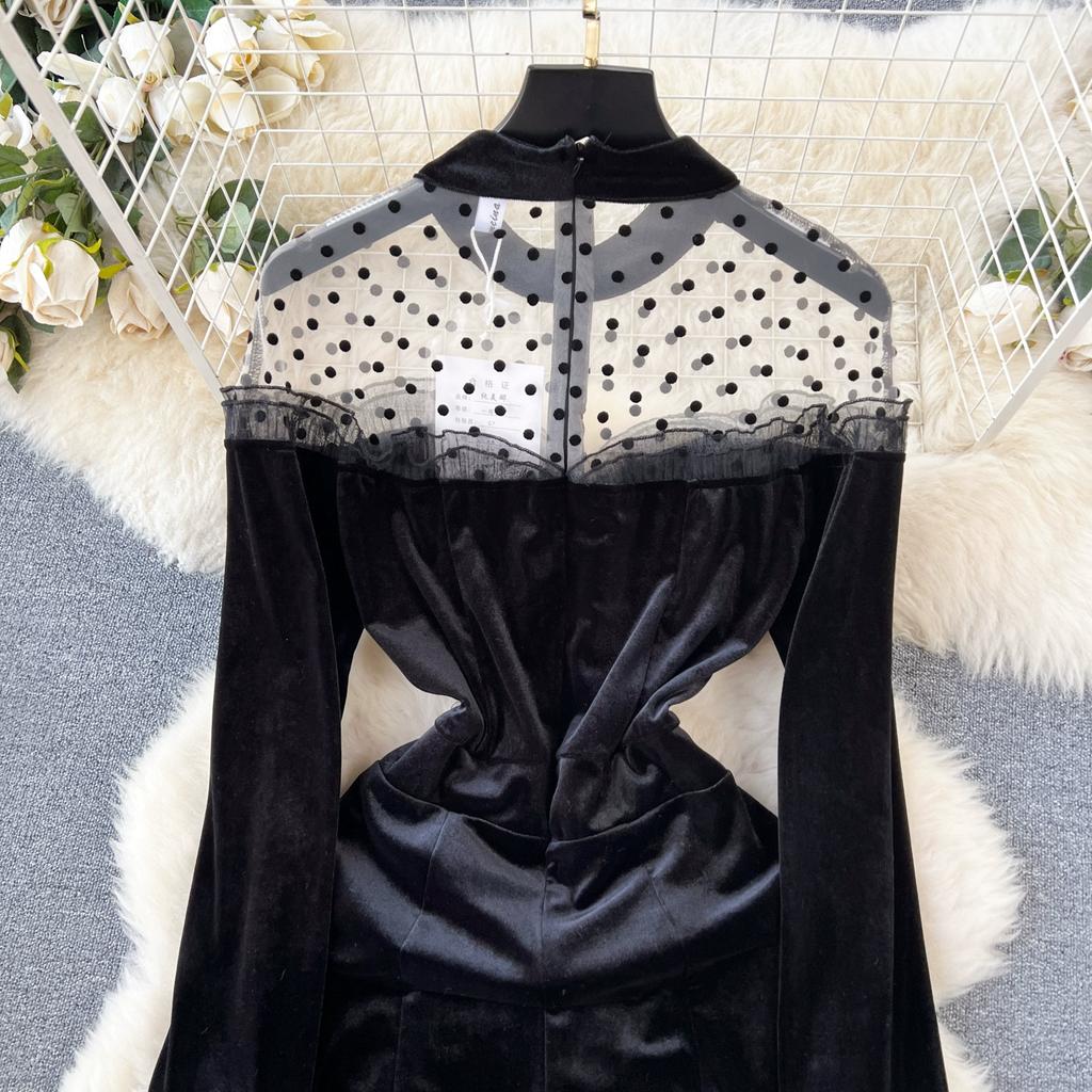 Herbst Frauen Vintage Schwarz Mesh Samt Patchwork Schlank Bodycon Party Fishtail Kleider