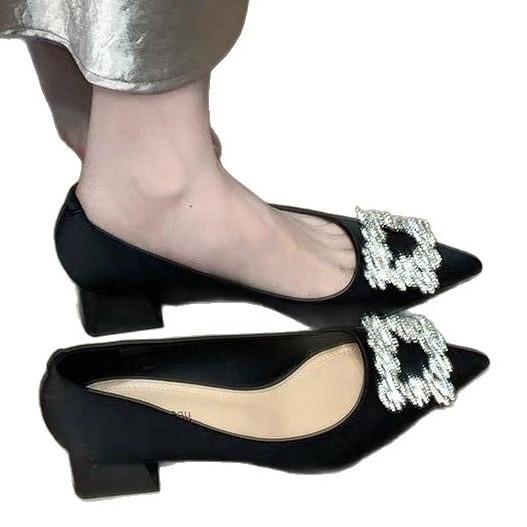Fashion rhinestone square buckle thick heel single shoes women's new satin pointed high heels bride shoes wedding shoes women
