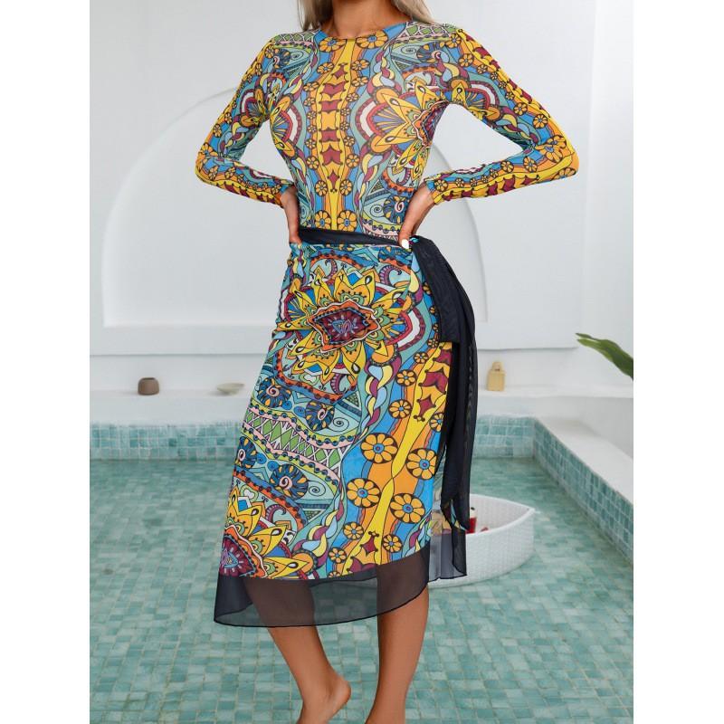Womens Long Sleeve UPF 40 Sun Protection Swimsuit With Beach Cover-Up Skirt Floral Print Loose Fit Bathing Suit
