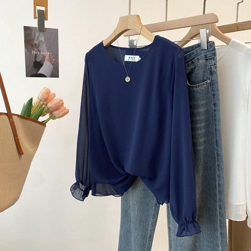 Spring and Summer New Women's Round Neck Long-sleeved Bottoming Top Loose Thin Outer Chiffon Shirt