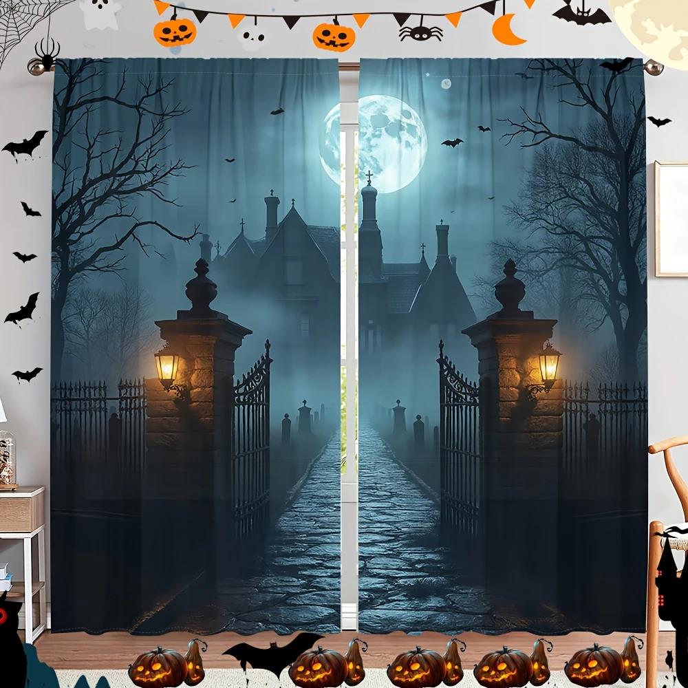 S Halloween Gothicstyle Castle Night Scene Printed Curtains, Pole Bag Home Decorations, Room Decorations