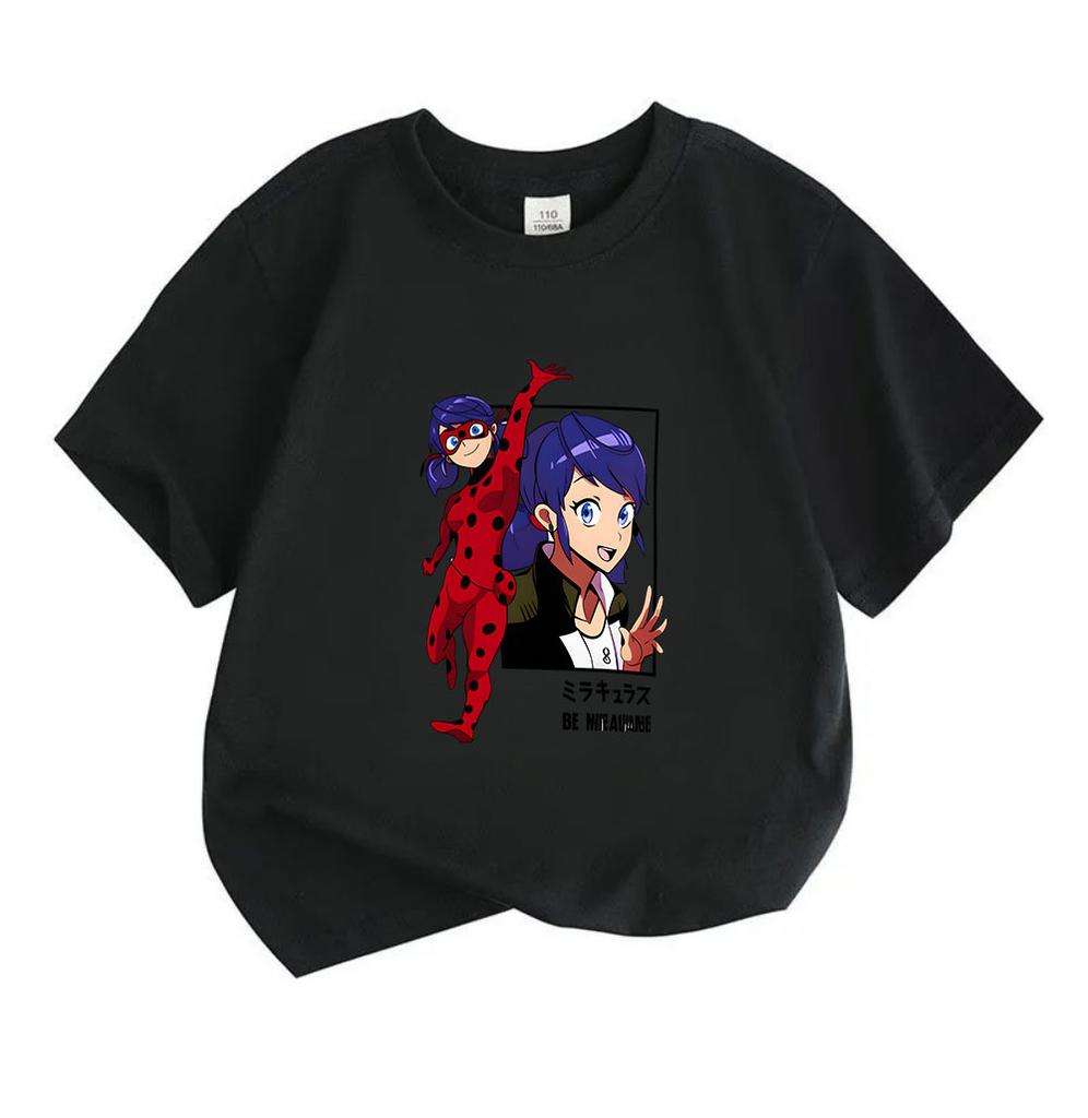 Kids Boys Girls 100% Cotton Crew Neck Short Sleeve T-Shirt, Cute Cartoon Ladybug Anime Character Print Casual Soft Tees for Daily Wear Outing Gift for