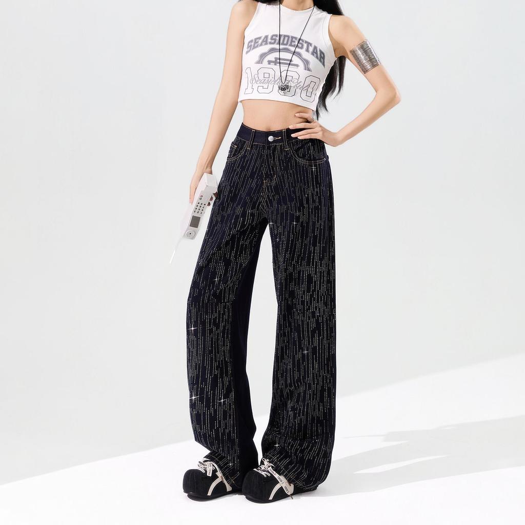 Spring Summer Bling Full Star Wrinkle Resistant Four Way Stretch Drape Micro Flare Wide Leg Denim Pants For Women Casual Pants Oversize Denim Trousers