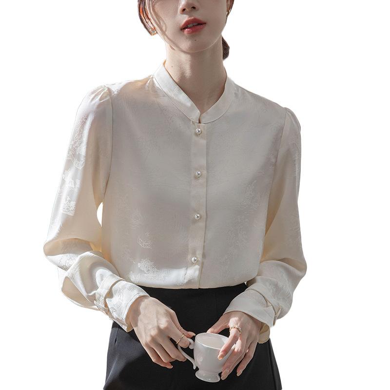 Jacquard Standing Collar Shirt for Women Spring and Autumn Niche Vintage French Layering Top