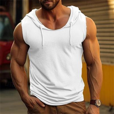 Men's Sleeveless Fitness Sports Drawstring Solid Color Hooded Casual Vest Top
