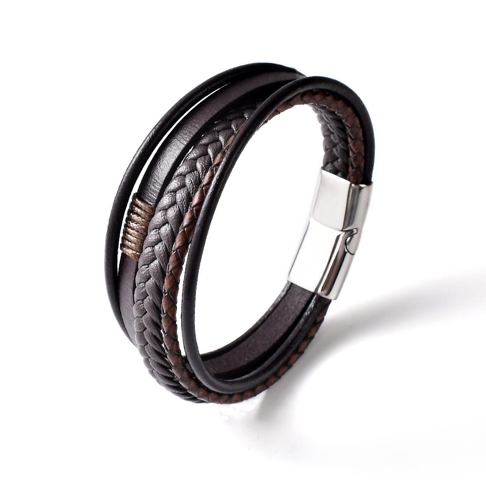 F252 Bracelets Multi-layer Mens Men Jewelry Stainless Steel Leather Bracelet for Men With Magnetic Clasp