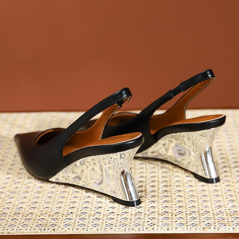 Fashion Luxury Wedges Silver Sandals Woman Slingback Block High Heels Shoes Ladies Office Rear Strap Sandalias Pointed Toe Tacones Mujer