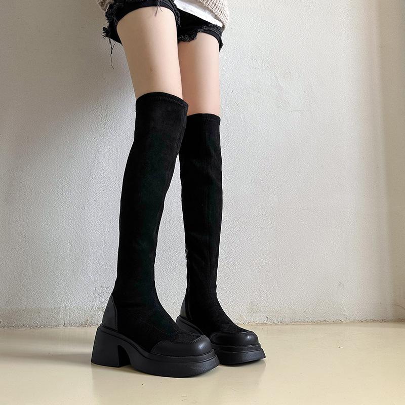 

thick heel thick sole elastic over knee boots women s new fat mm thick leg high heel boots temperament big tube circumferential suede boots 35