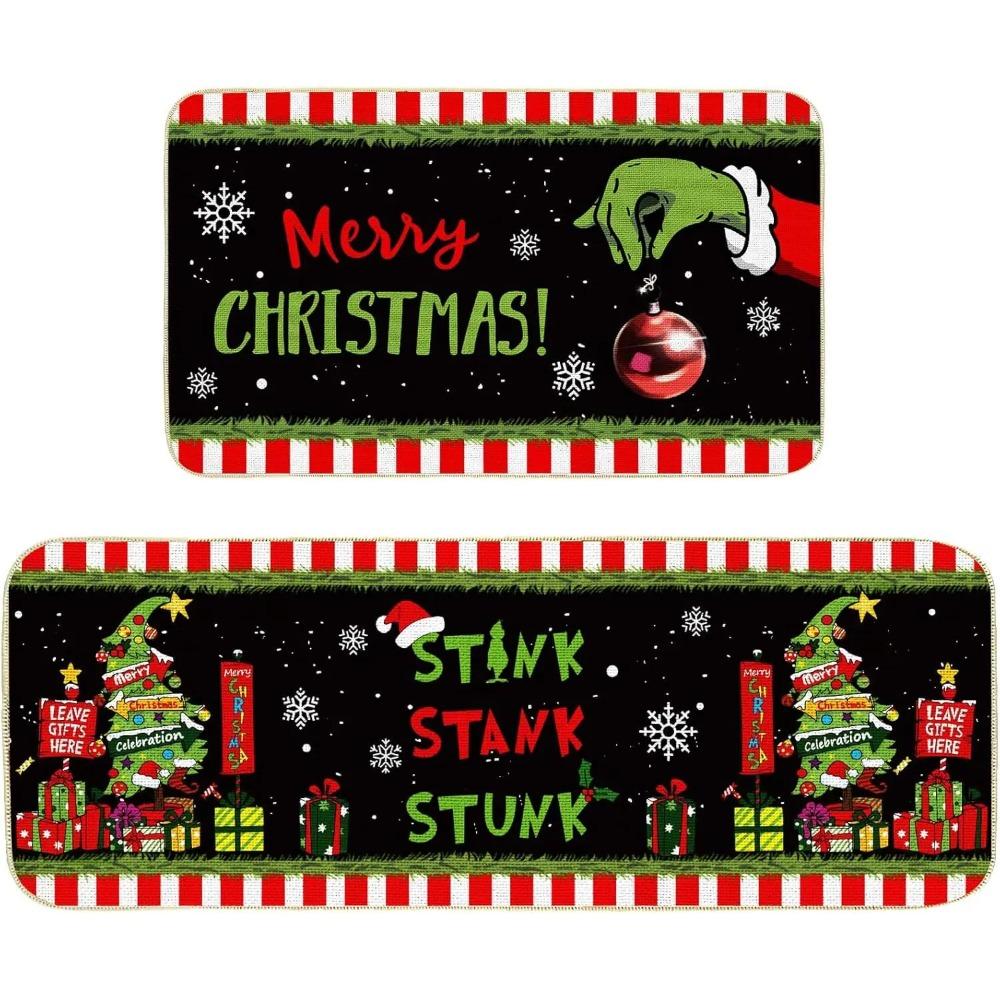 2PC Christmas Crystal Pile Home Decorative Carpet Kitchen Entryway Bathroom Non-Slip Machine Washable Carpet