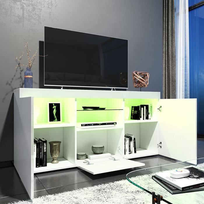 Meuble TV LED - DRIPEX - Surface Brillante - Blanc - Moderne - Avec Rangement