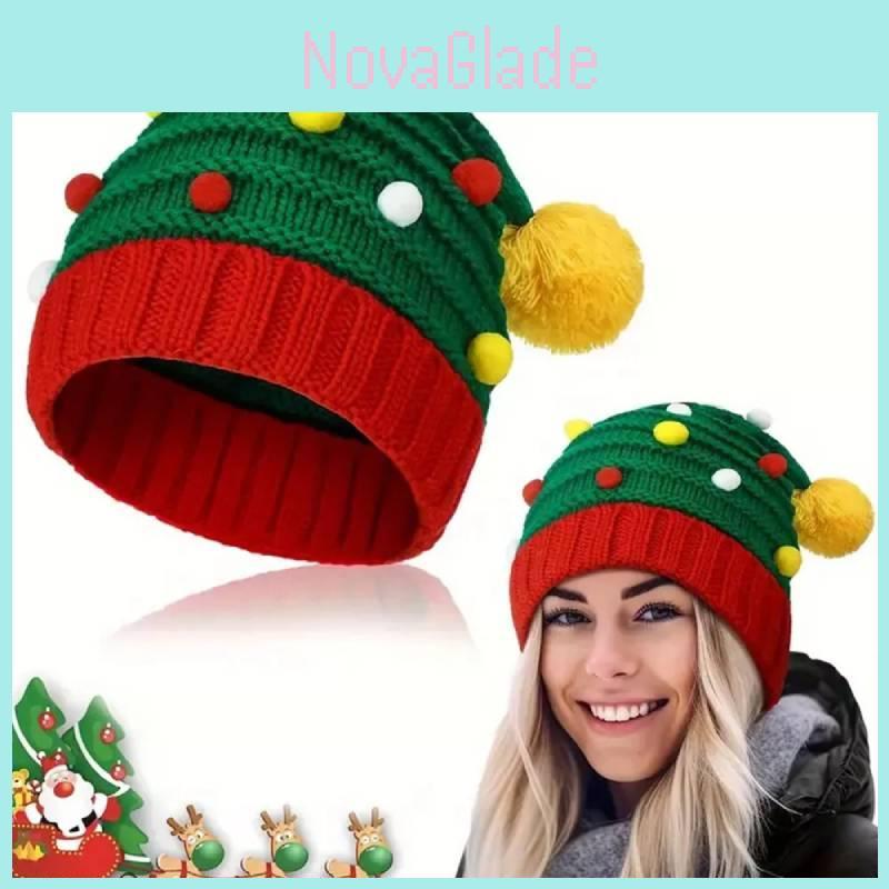Stilvolle Grüne Weihnachtsbaum-Strickmütze Für Erwachsene Und Senioren Mit Bommel-Design