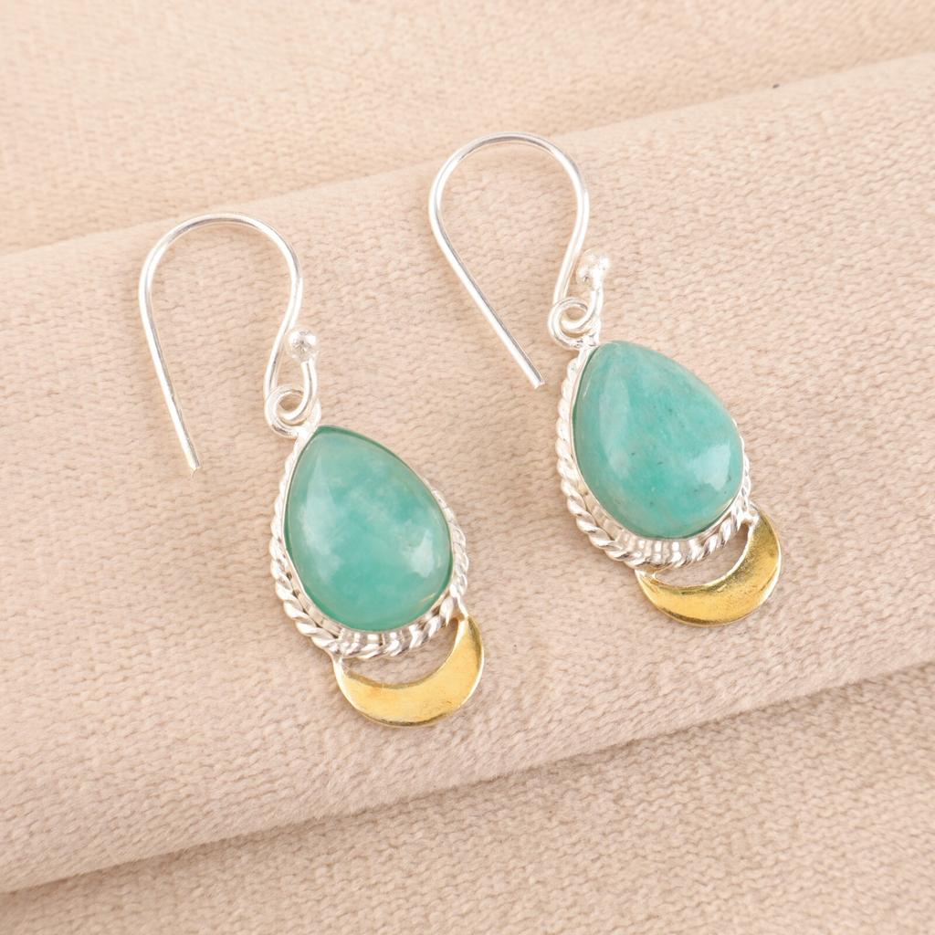 Amazonite Gemstone 925 Solid Silver Jewelry Handmade Earrings 1.5" Gift For Wife EE-162-30