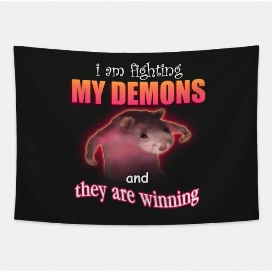 1pc Meme Rat Tapestry Polyester 2D Print I Am Fighting My Demons Funny Design Wall Decor for Bedroom Living Room Meme Ro 74x94cm(29x37in)
