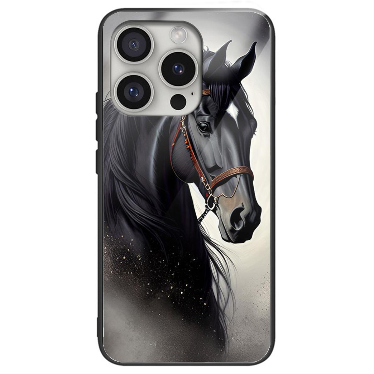 

For iPhone 16 Pro Max Case Pattern Printed Tempered Glass+TPU Lightweight Phone Cover Horse
