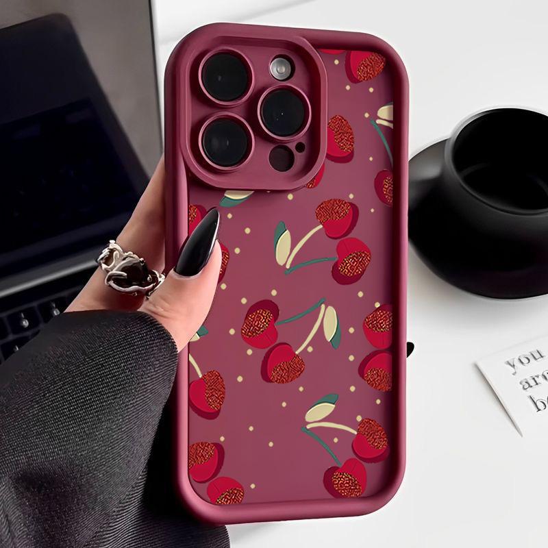 

Для iPhone 16 Pro 15 14 Plus 13 12 Pro Max 11 Xs Xr 8 7 Cherry Pattern противоударный мягкий TPU защита линз противоударный матовый чехол для телефона iPhone 14 Pro вино красного